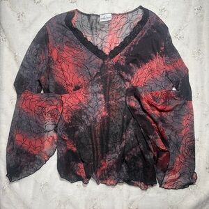 Vintage Y2K Caren Sport Whimsygoth Blouse – Black & Red Lace Trim Top (2X, USA)